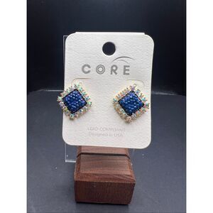 New! Core Gold Tone Diamond Shape Dark Blue Iridescent Rhinestone Earrings